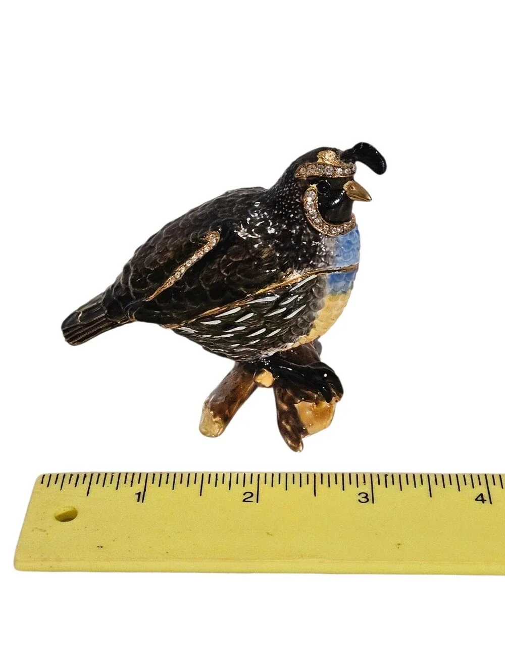 Bejeweled Quail Bird Perched On A Log Trinket Box